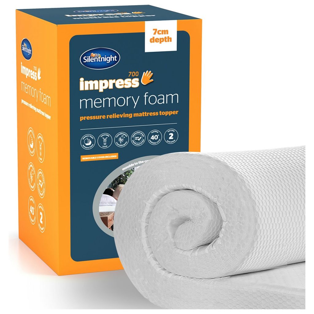 Silentnight Impress 7cm memory foam topper rolled beside its box