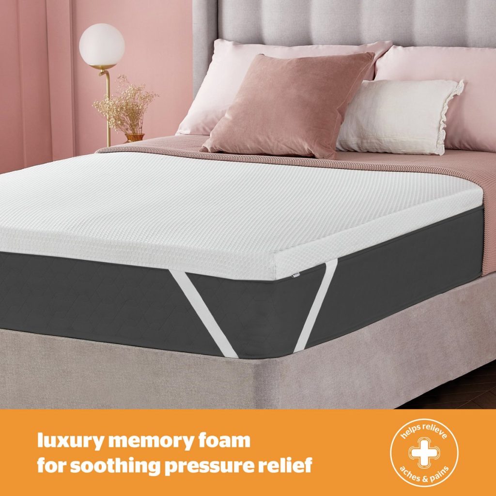 Silentnight Impress 7cm topper on a bed with feature caption