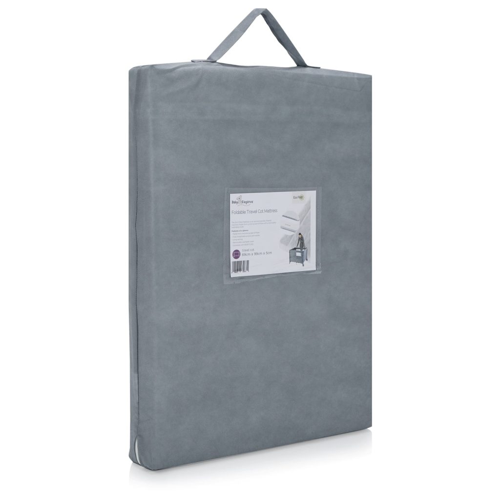 Baby Elegance Eco Fibre Foldable Travel Cot Mattress in its grey carry bag