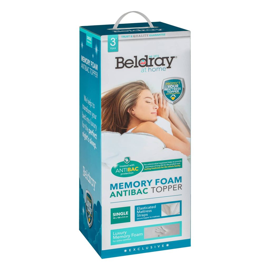 Beldray Memory Foam Antibac Mattress Topper, Single, retail packaging