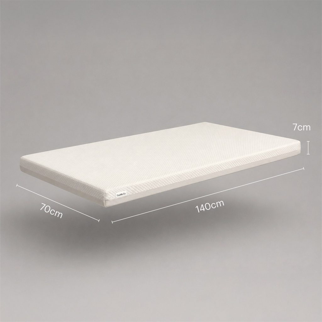 CuddleCo Lullaby Bamboo Foam Cot Bed Mattress with its 140 x 70 x 7cm dimensions marked