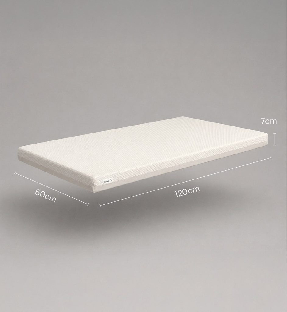 CuddleCo Lullaby Bamboo Foam Cot Mattress in the 120 x 60cm cot size with dimensions marked