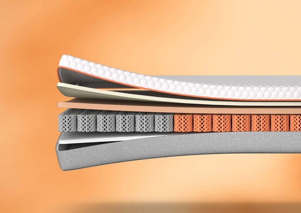 Dormeo Octasmart Plus, layers peeled apart to show memory foam over zoned Octasprings