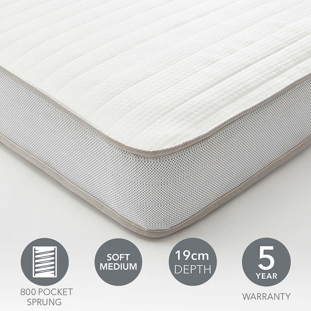 Dunelm Rolled Memory Foam 800 Pocket Sprung Mattress corner with 800 pocket, 19cm and 5-year icons