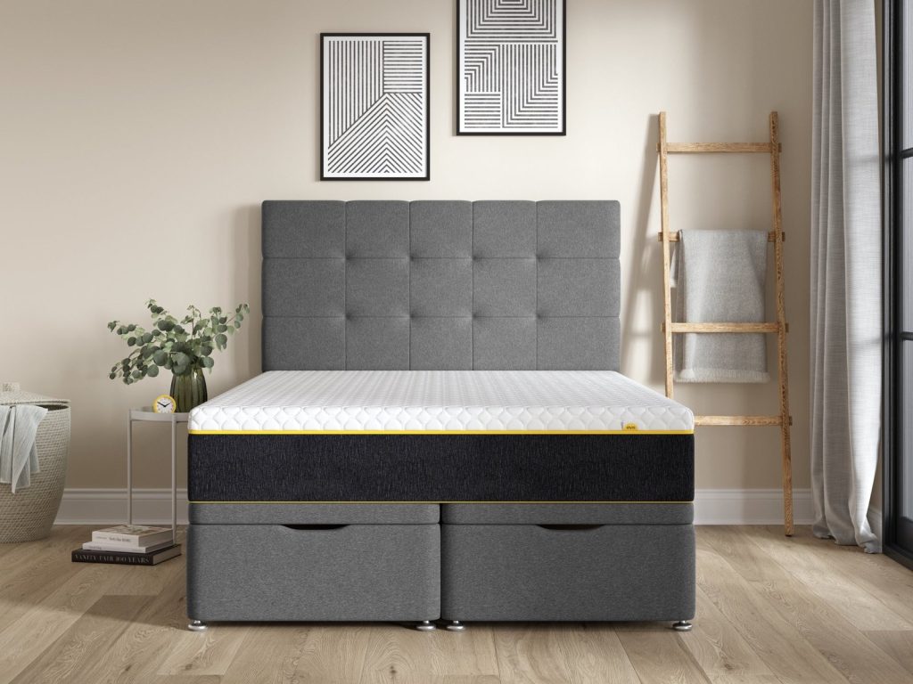 Eve Wunderflip Premium Hybrid Mattress on a grey ottoman bed in a bedroom