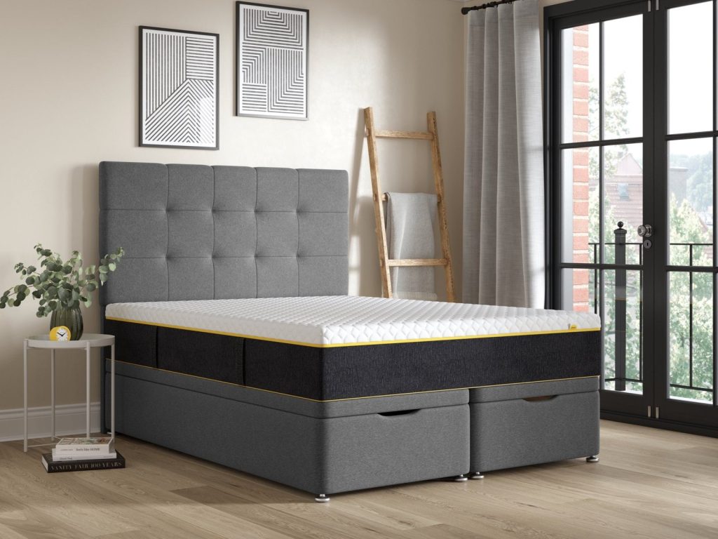 Eve Wunderflip Premium Hybrid Mattress on an ottoman bed, side-on view by a window