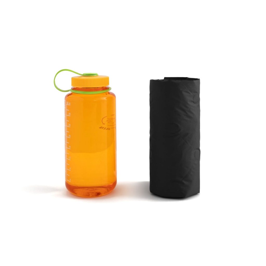 Zenbivy Flex Air Mattress rolled up next to a one-litre water bottle