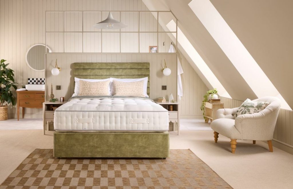 Harrison Spinks Jade 10000 mattress on a green divan in an attic bedroom