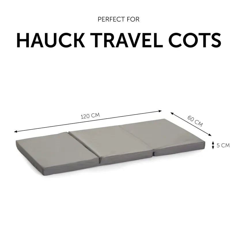 Hauck Sleeper Folding Travel Cot Mattress in grey unfolded with its 120 x 60 x 5cm dimensions