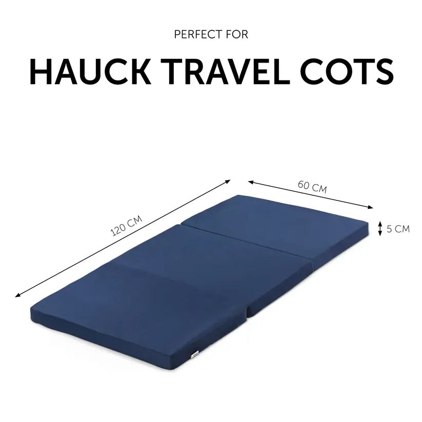 Hauck Sleeper Folding Travel Cot Mattress in navy unfolded with its dimensions