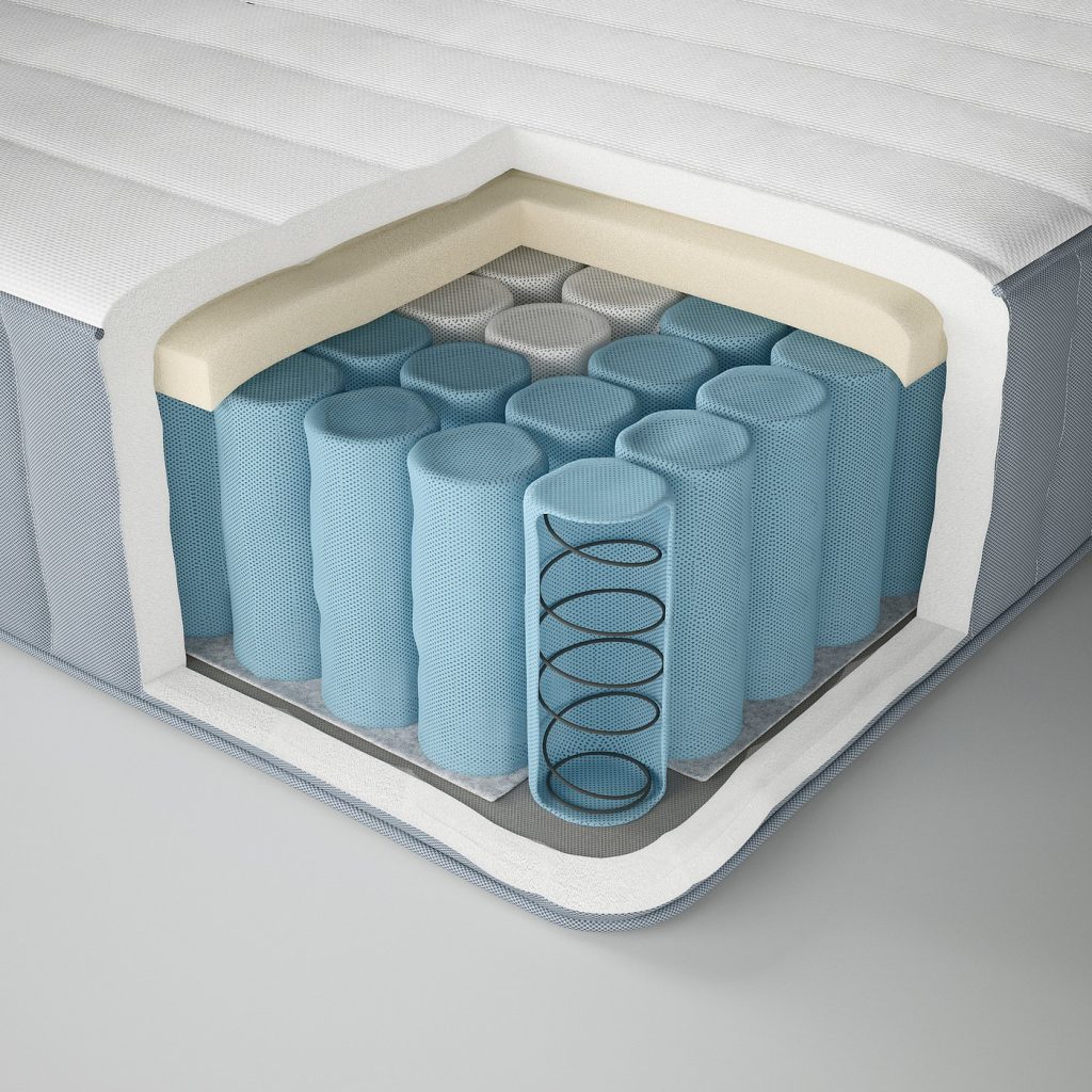 IKEA Valevåg mattress cutaway showing the foam top layer and the pocket springs