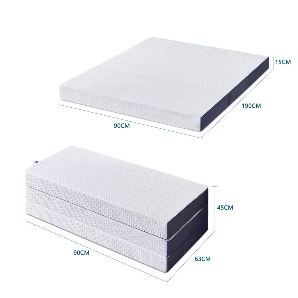 Inofia Tri-Fold single mattress unfolded and folded with dimensions