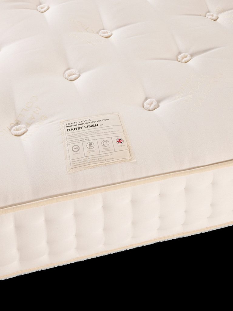 John Lewis Danby Linen 2500 Mattress corner with its fabric label and wool rosette tufts