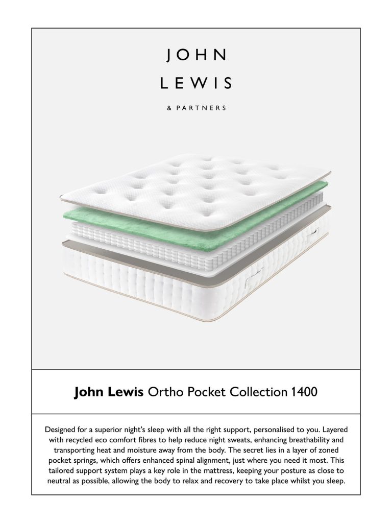 John Lewis Ortho Pocket Collection 1400 Mattress information card with a layer illustration