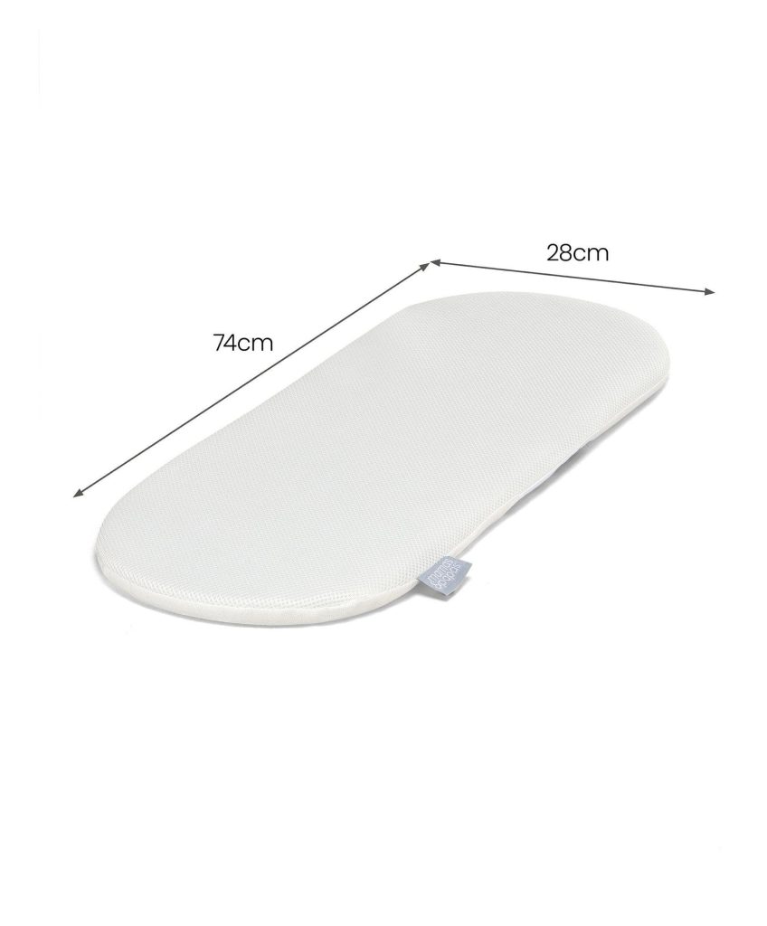 Mamas & Papas Moses Basket Mattress with 74 x 28cm dimensions marked