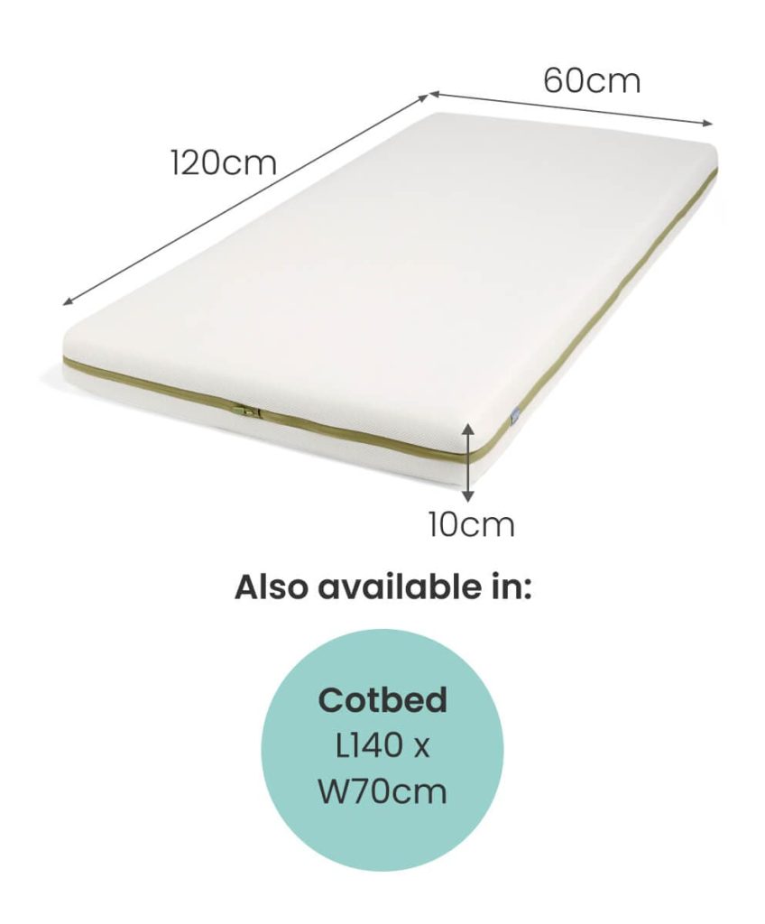 Mamas & Papas Premium Dual Core+ small cotbed and cot mattress with 120 x 60 x 10cm dimensions marked