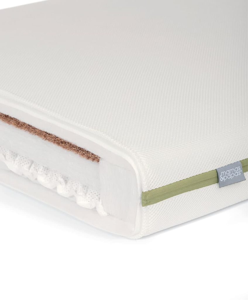 Mamas & Papas Premium Dual Core+ cot mattress close-up of the cover and green piping
