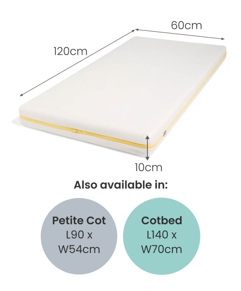 Mamas & Papas Signature Airflow Pocket Spring small cotbed mattress with 120 x 60 x 10cm dimensions marked