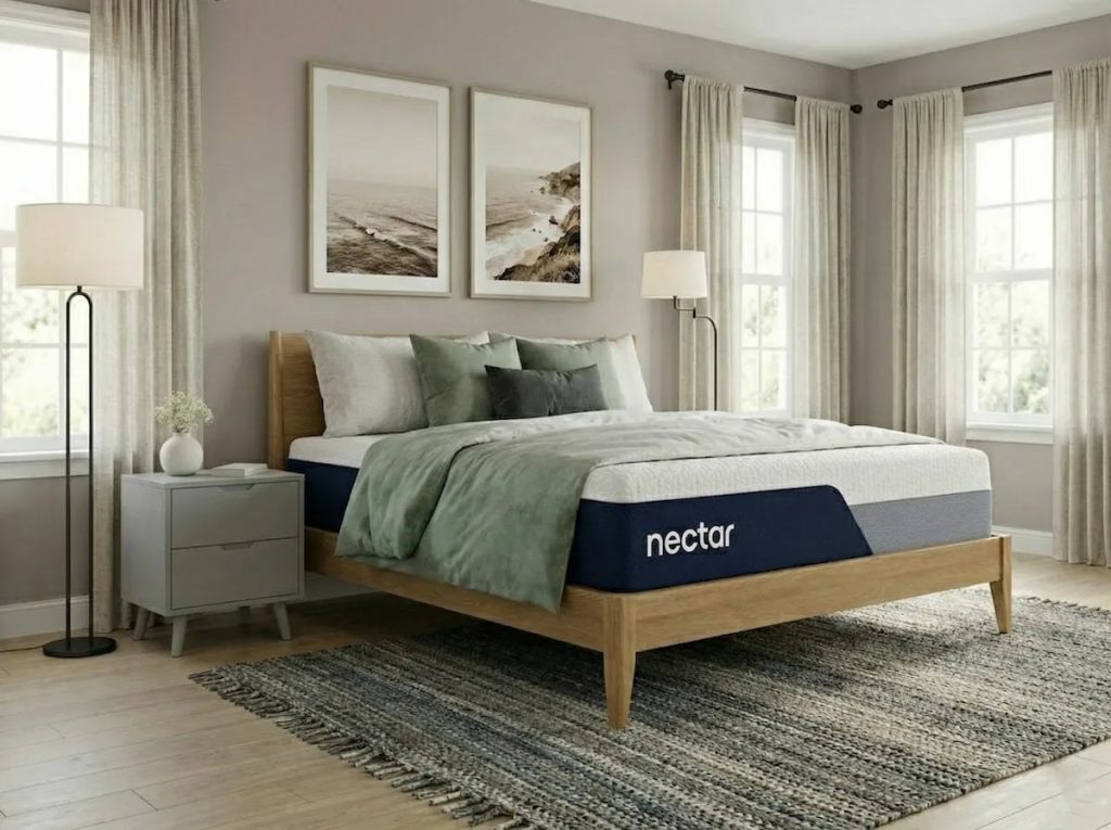 Nectar Classic Hybrid Mattress on a bed in a grey bedroom with a sage throw