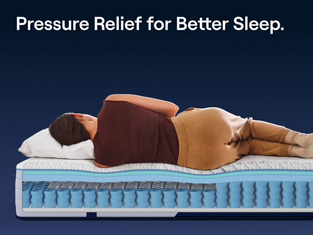Woman lying on her side on a cutaway of the Nectar Classic Hybrid showing the springs