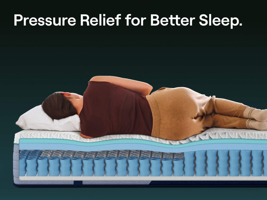 Woman lying on her side on a cutaway of the Nectar Premier Hybrid showing both spring layers