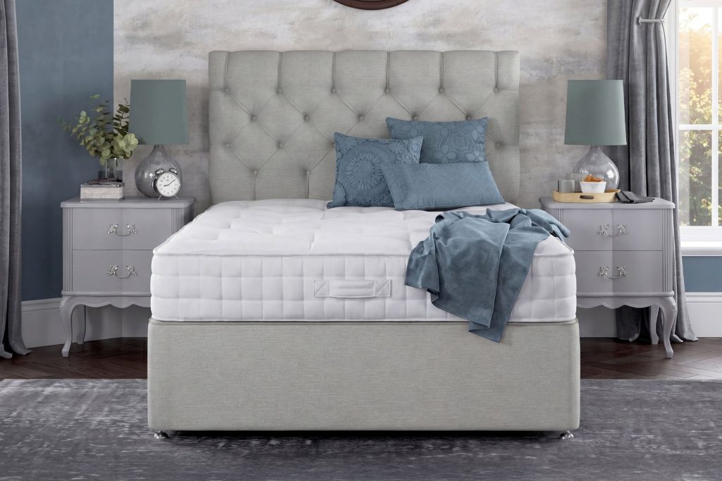 Relyon Braemar mattress on a grey divan with blue throw