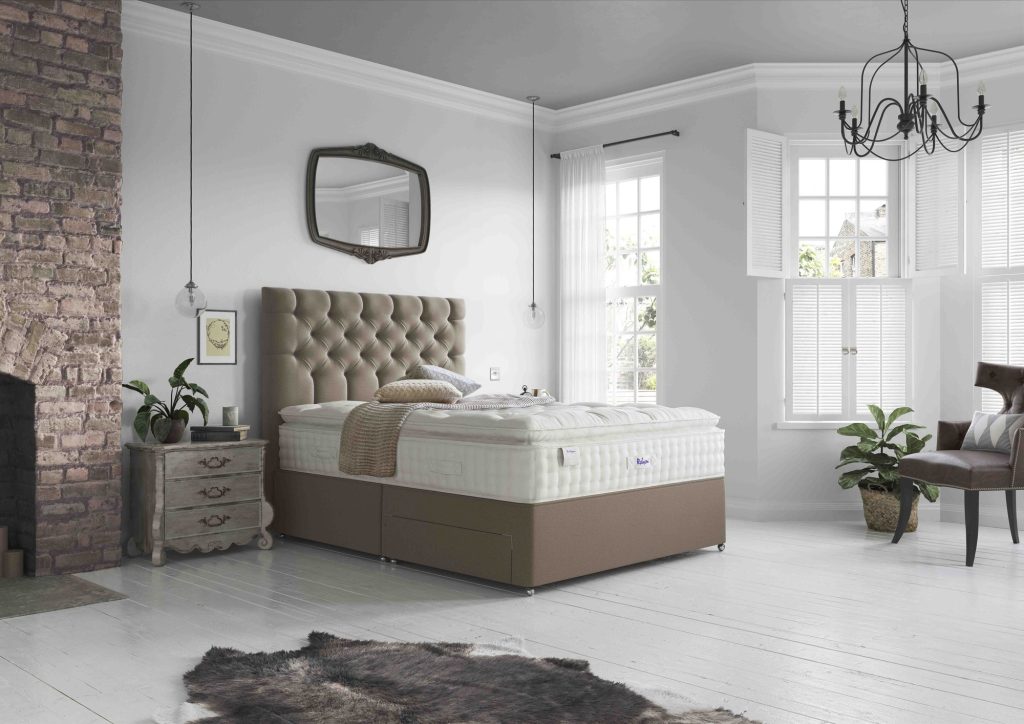 Relyon Luxury Silk 2850 mattress on a brown divan in a bright bedroom