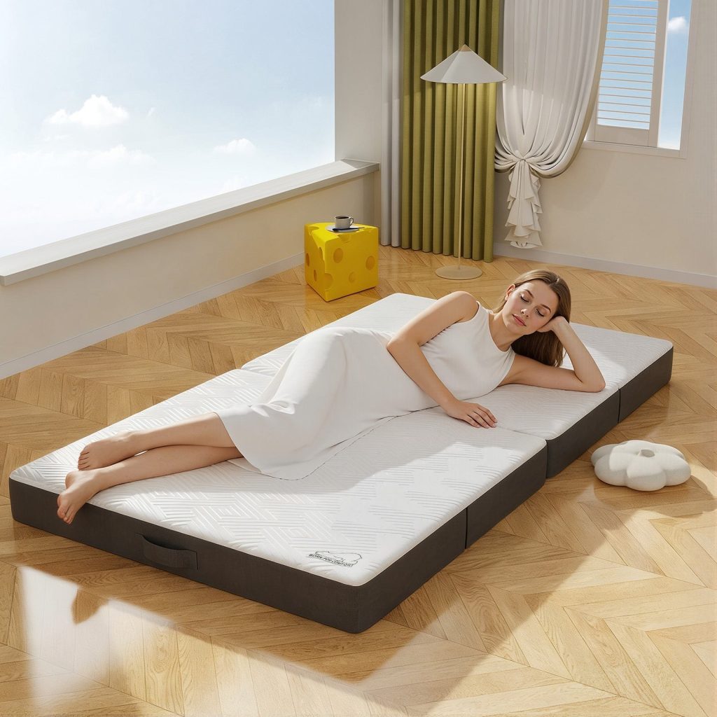 Woman lying on the RattanTree folding mattress on a wooden floor