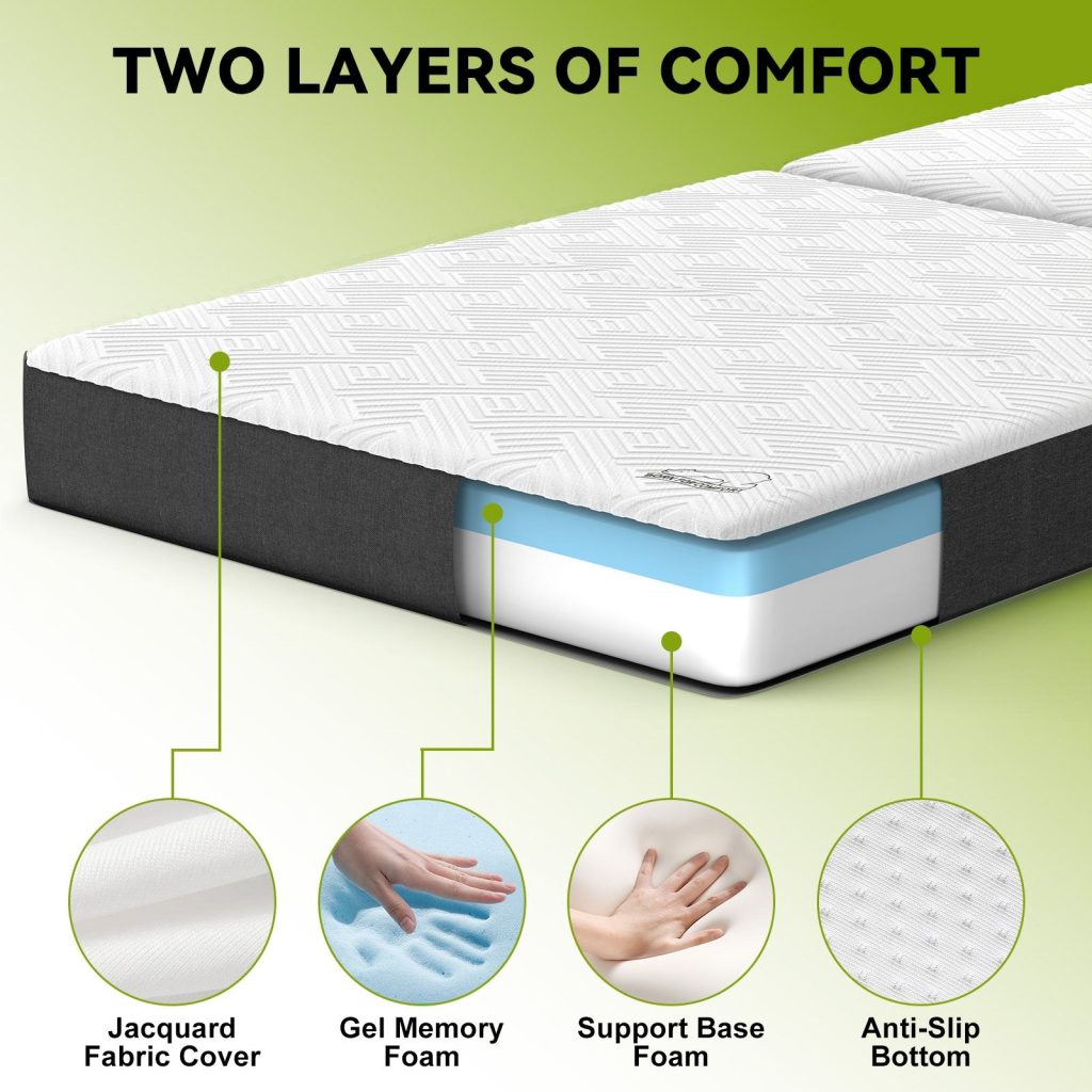 Cutaway of the gel memory foam and support foam in the folding mattress