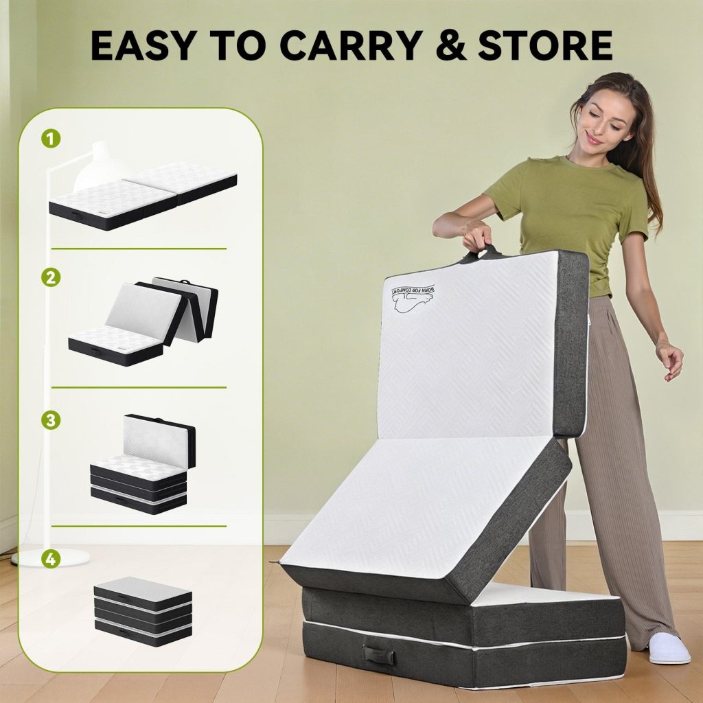 Steps showing how the RattanTree floor mattress folds for storage