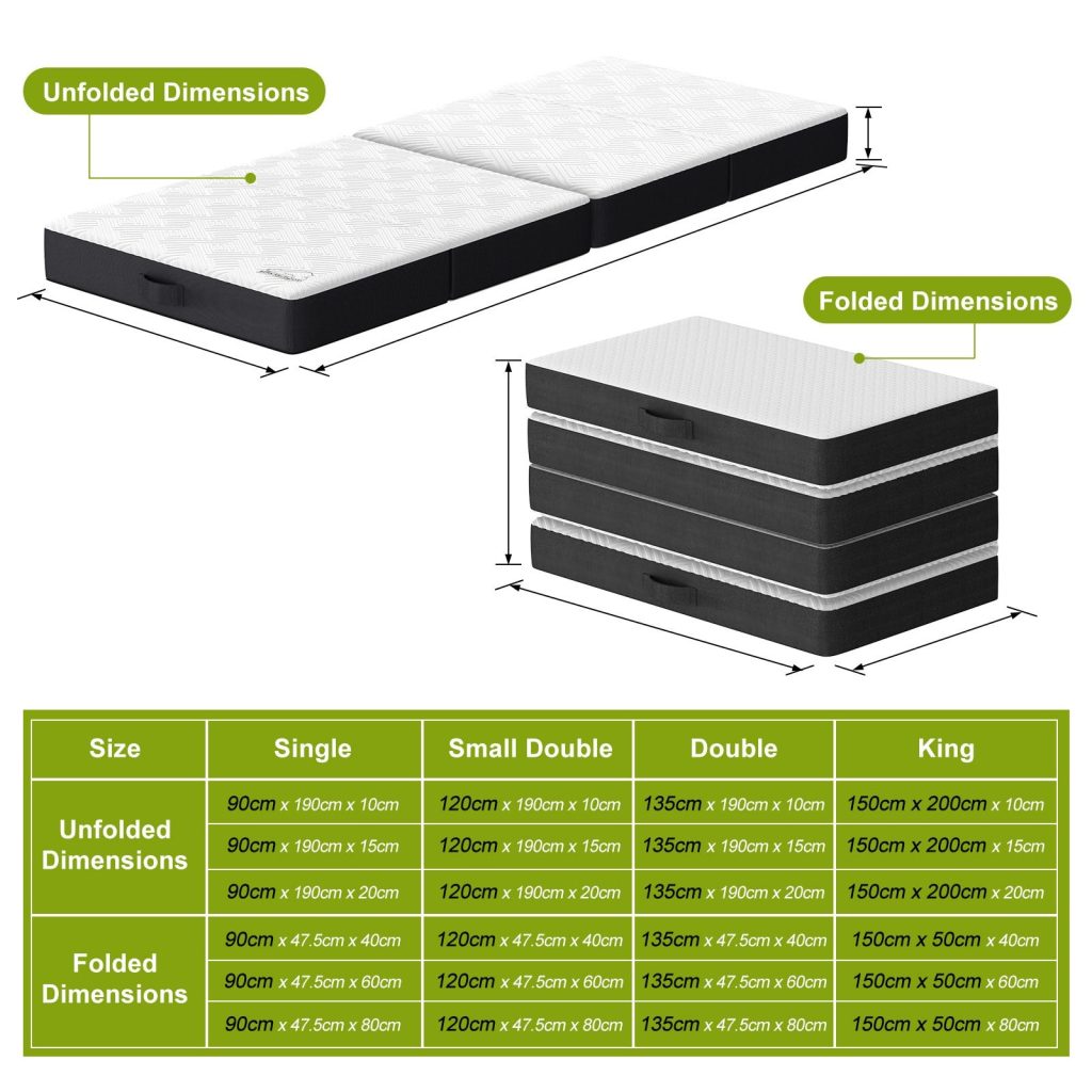 Unfolded and folded dimensions table for the RattanTree folding mattress