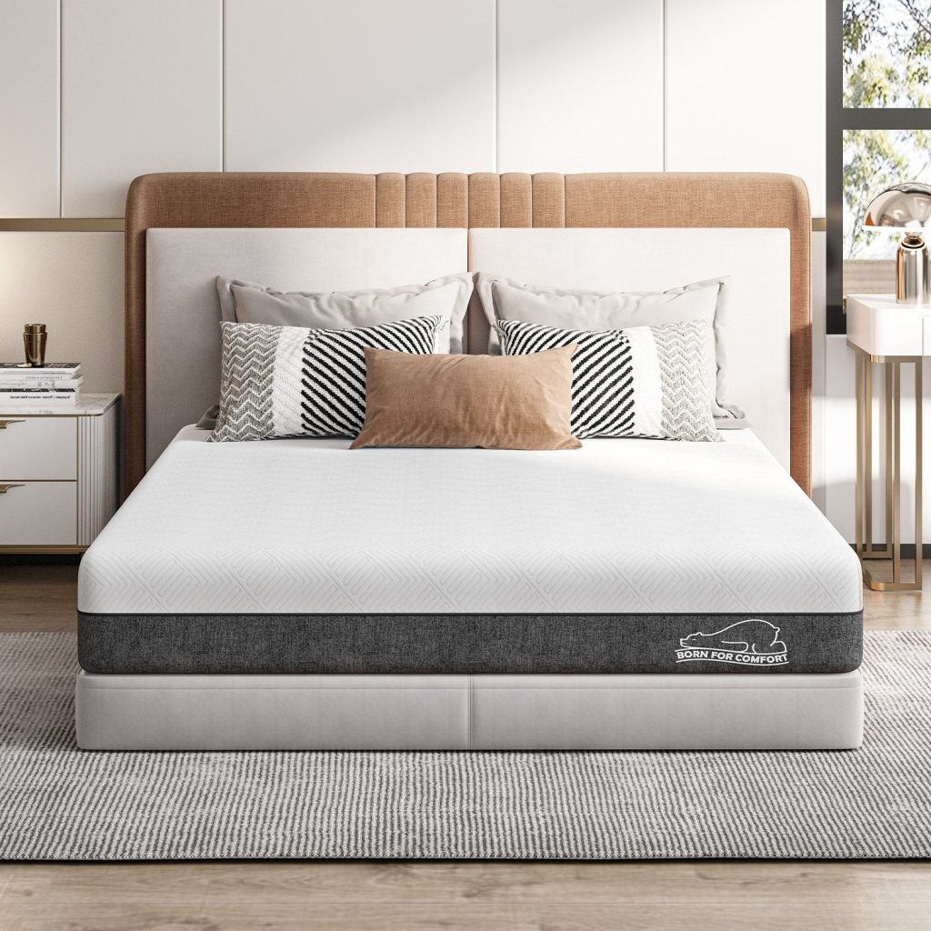 RattanTree memory foam mattress on an upholstered bed in a bedroom