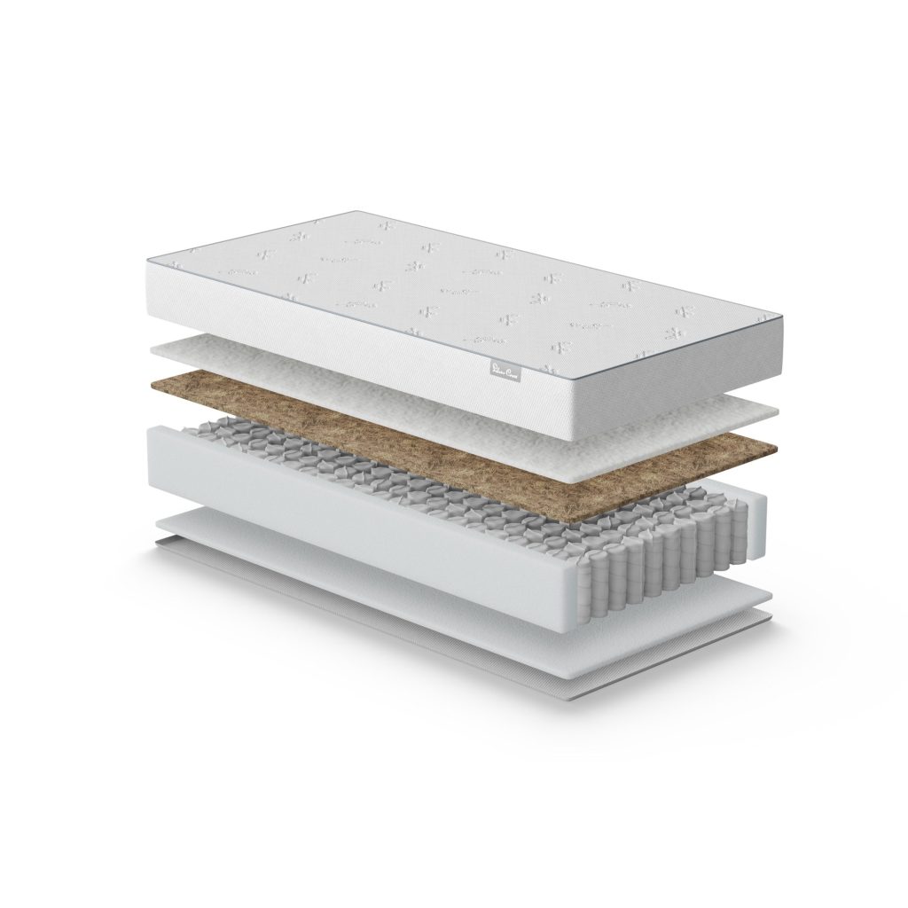 Silver Cross TrueFit Dual-Sided Pocket Spring Cot Bed Mattress exploded view with coir layer and springs