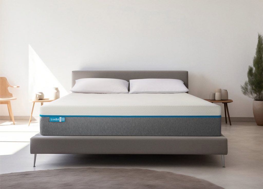 Simba Hybrid Mattress on a grey upholstered bed in a bright bedroom