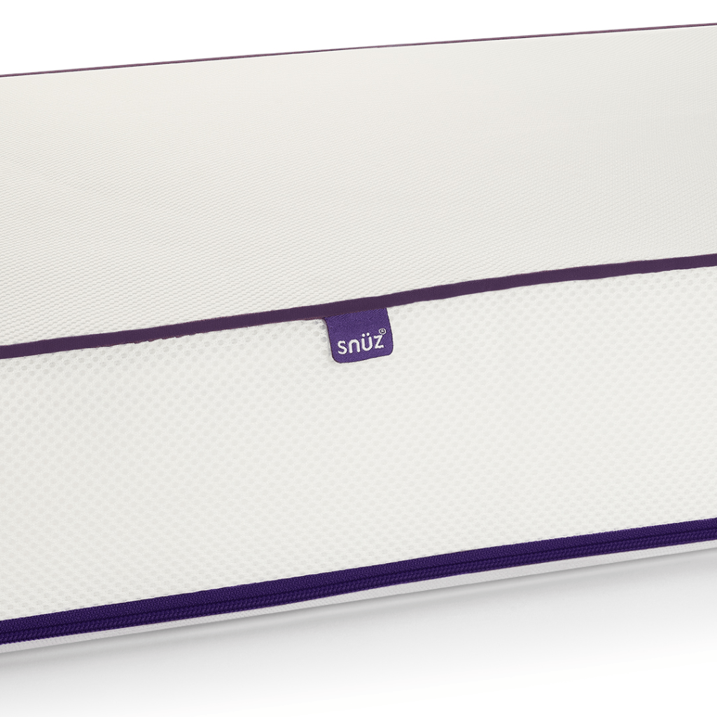 Snüz SnuzSurface Duo Cot Bed Mattress close-up of the mesh cover and Snüz label