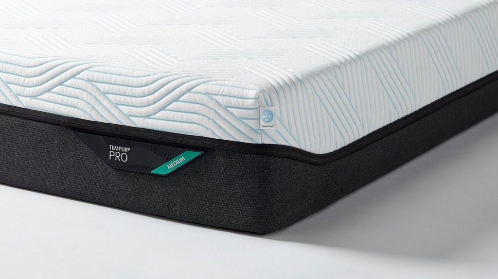 Corner of the TEMPUR PRO SmartCool mattress with the PRO label and cooling cover