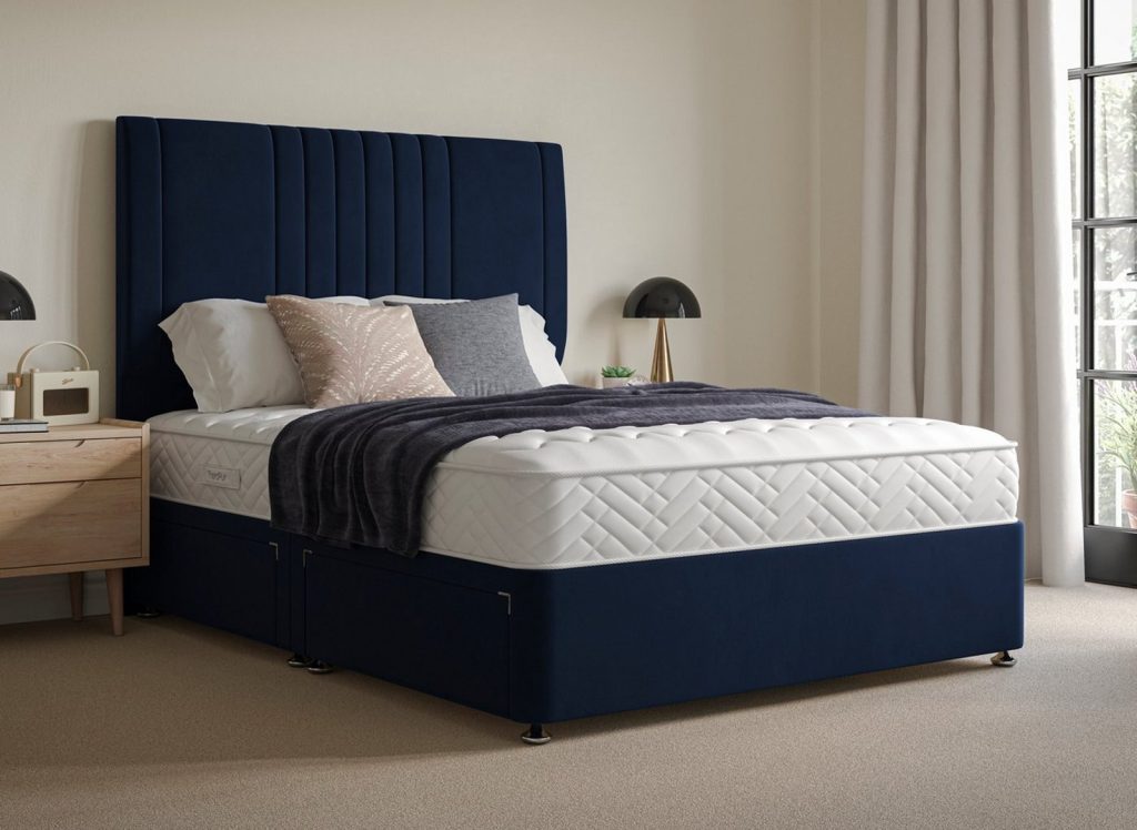 TheraPur ActiGel Polar 1000 mattress on a navy divan bed in a bright bedroom