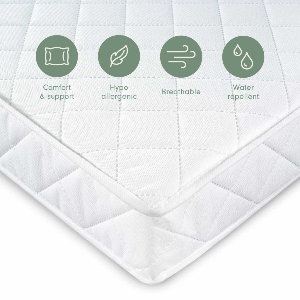Tutti Bambini Pocket Sprung Cot Bed Mattress quilted corner with comfort, hypoallergenic and breathable icons