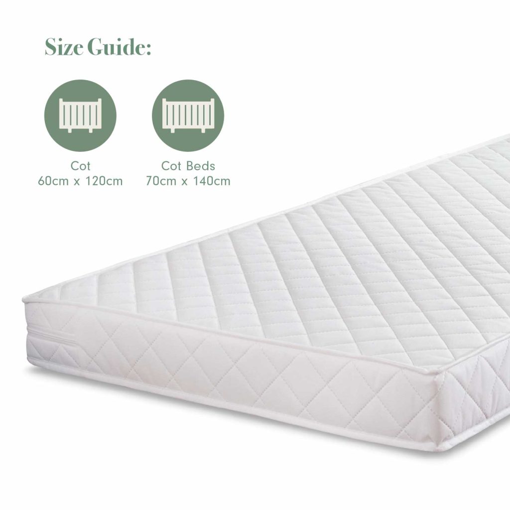 Tutti Bambini Pocket Sprung Cot Bed Mattress with size guide for 60 x 120cm and 70 x 140cm