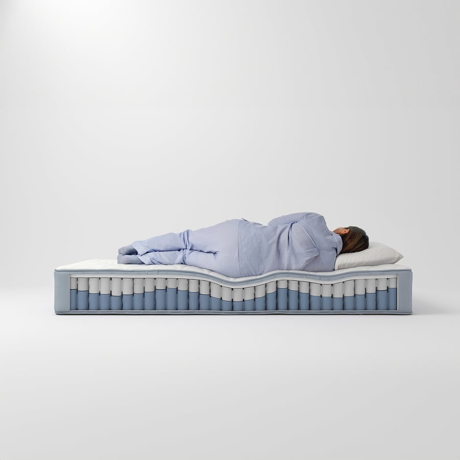 Person lying on the IKEA Vågstranda with its pocket spring layers shown