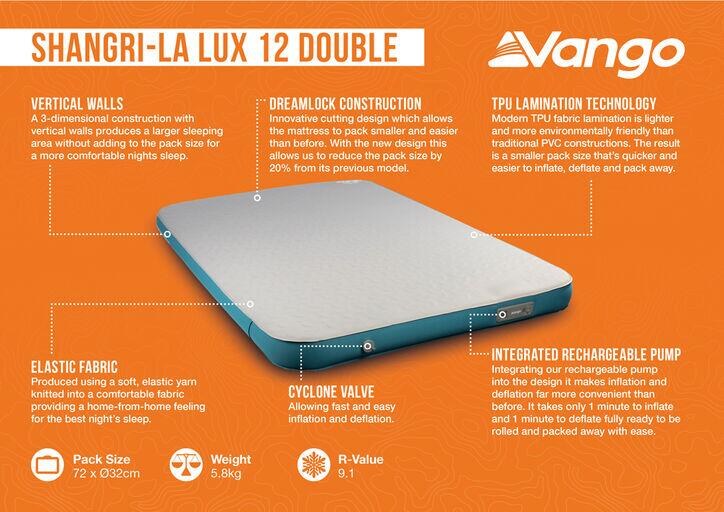 Vango Shangri-La Lux 12 Double infographic with pump, valve and fabric features
