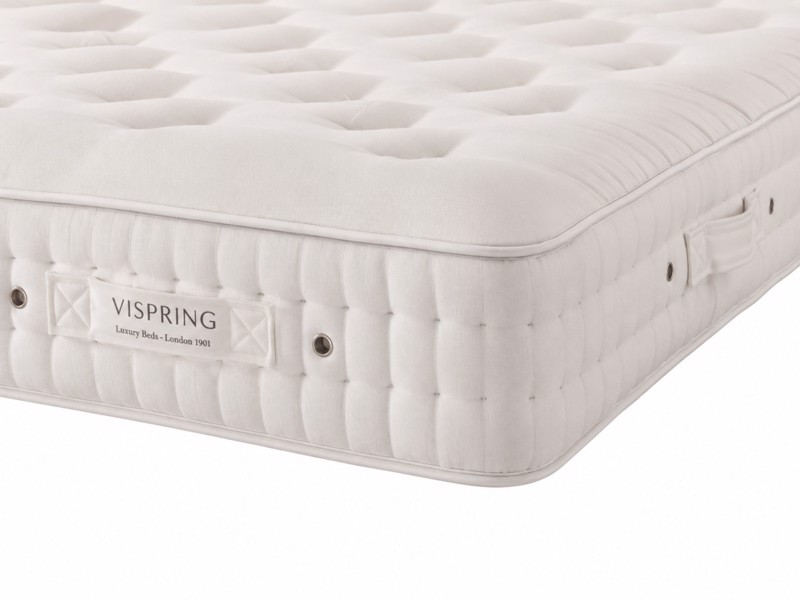 Close-up of the Vispring Bedstead Supreme border label and side-stitching