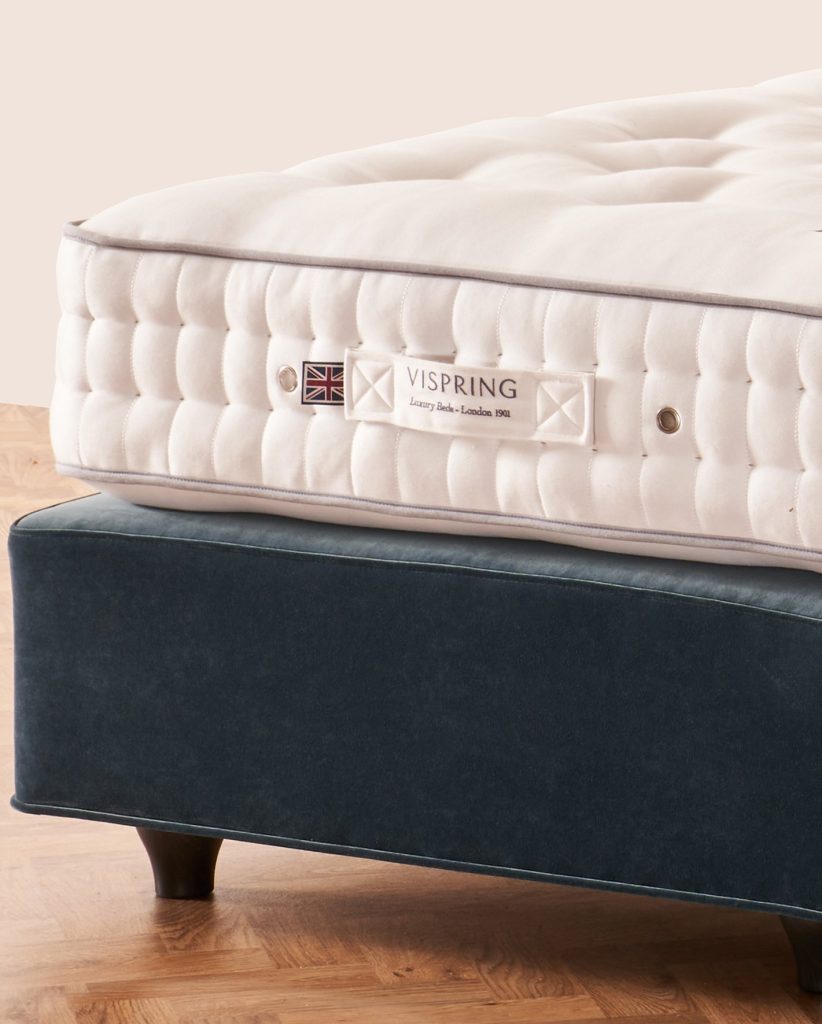 Close-up of the Vispring Herald Superb border label and hand side-stitching