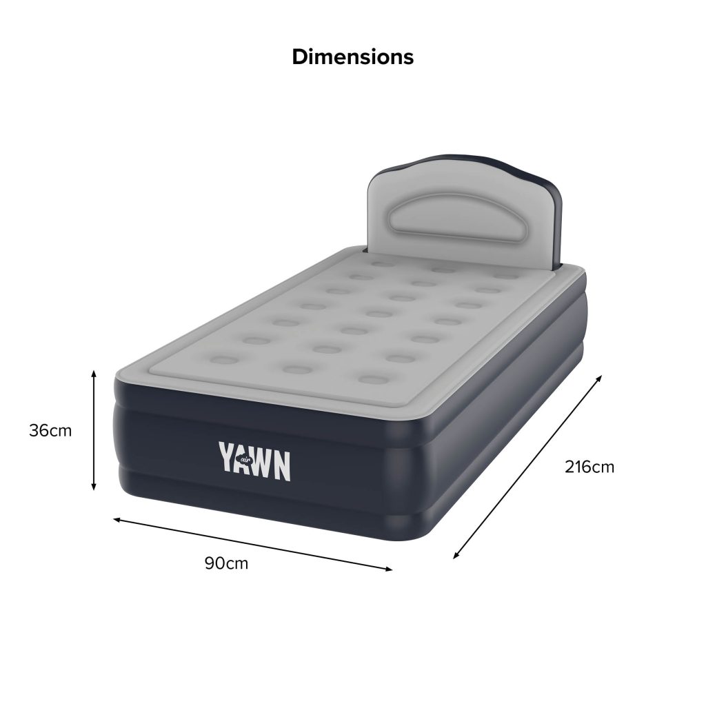 Yawn Air Bed Deluxe single dimensions: 90cm wide, 216cm long, 36cm high
