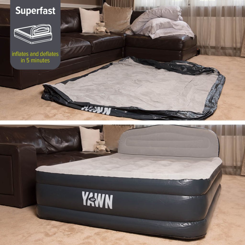 Yawn Air Bed Deluxe shown deflated and then inflated in a living room