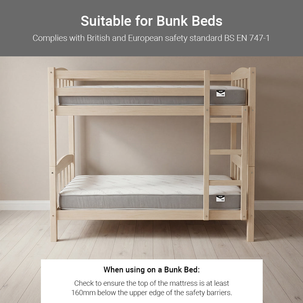 Jay-Be Simply Kids mattress on a wooden bunk bed with BS EN 747-1 fitting note