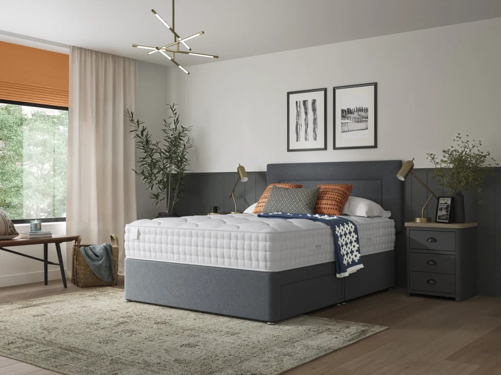 Slumberland Naturals Premium Wool mattress on a grey divan in a bedroom
