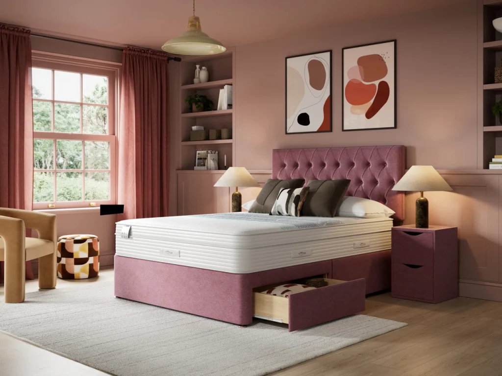 Slumberland Orthopaedic Support Premium on a pink divan with drawers in a bedroom