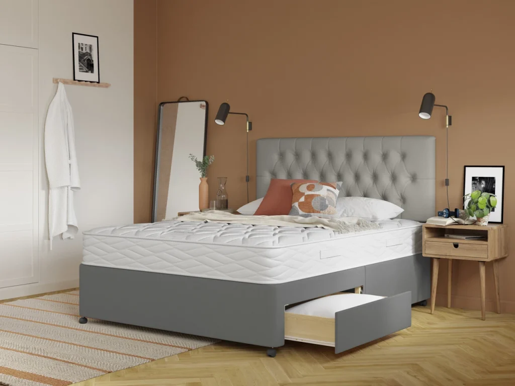 Bensons Lytham Memory mattress on a grey divan bed in a bedroom
