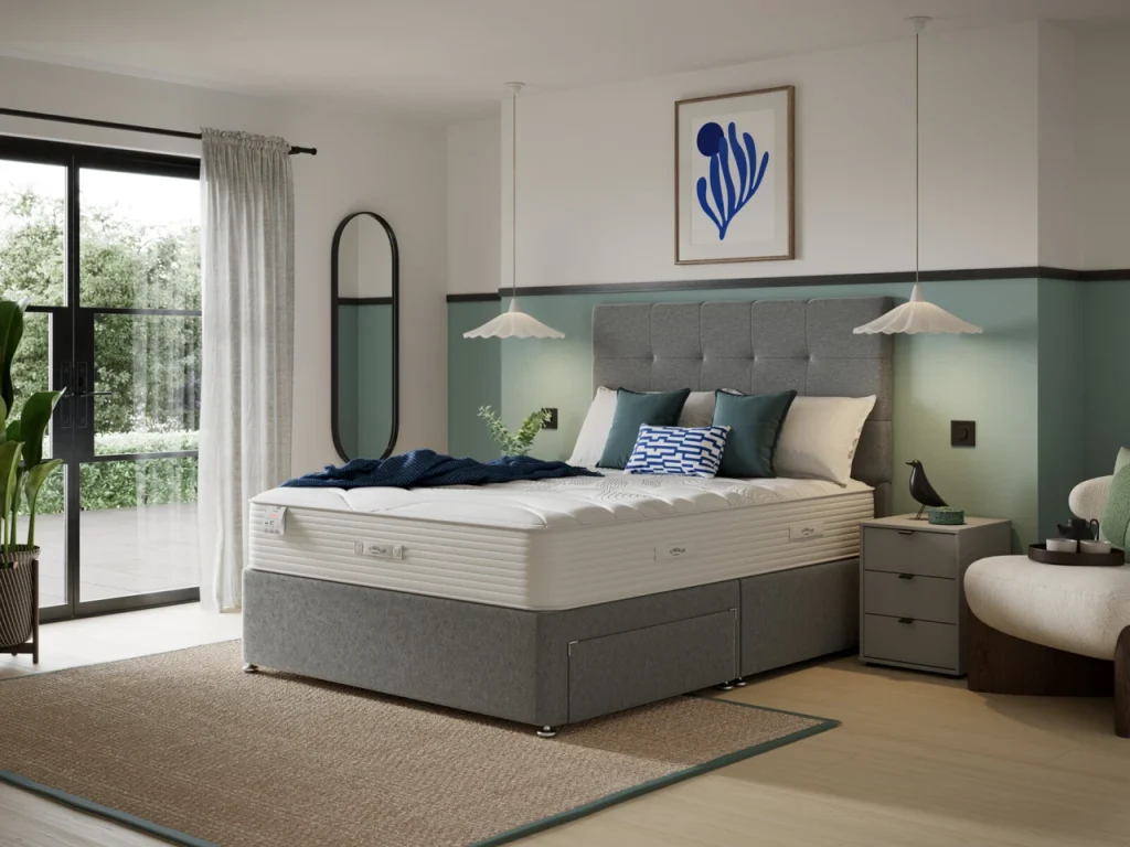 Slumberland Air 3.0 Memory on a grey divan with drawers, side angle